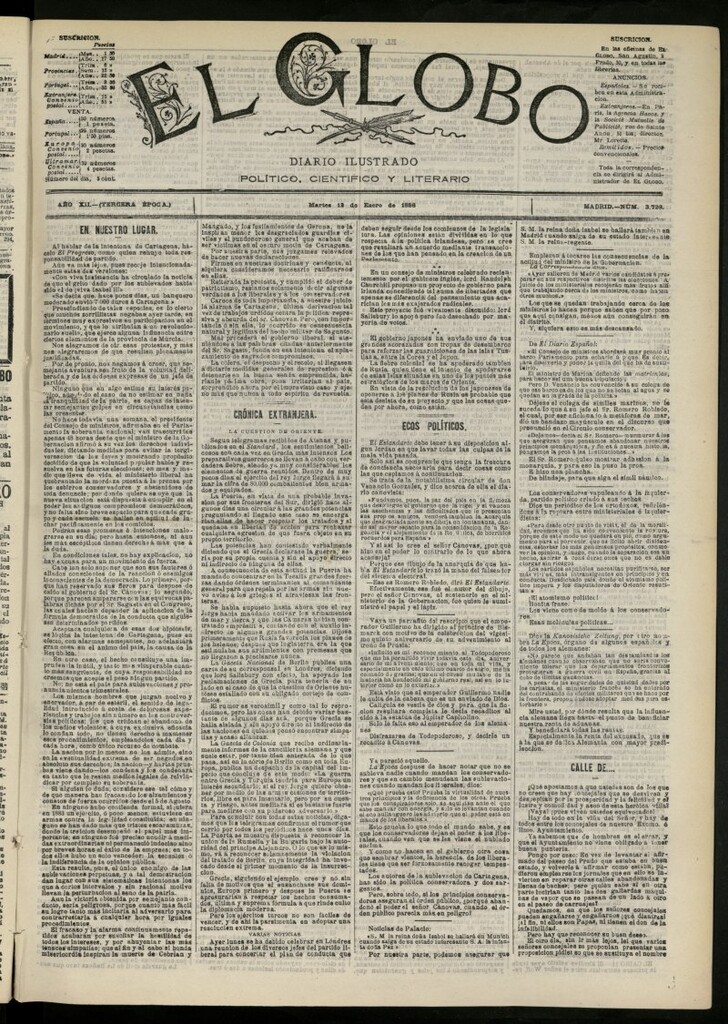 Miniatura de El Globo : diario ilustrado del 12 de enero de 1886, nº 3728