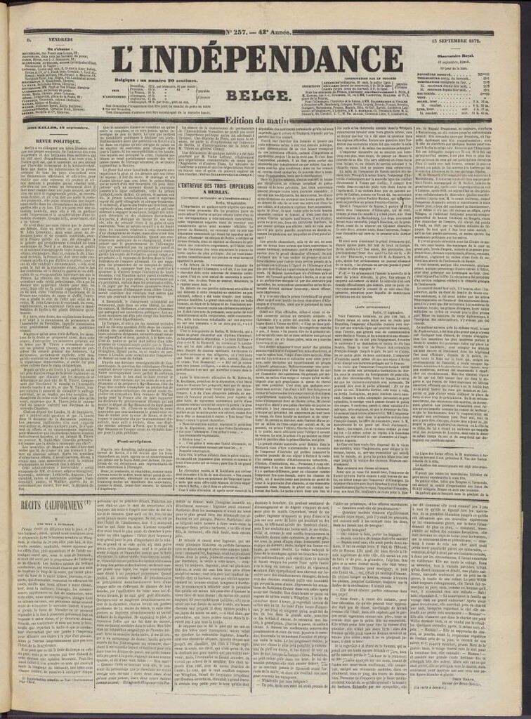 Miniatura de L´Indépendance Belge del 13 de septiembre de 1872, nº 257