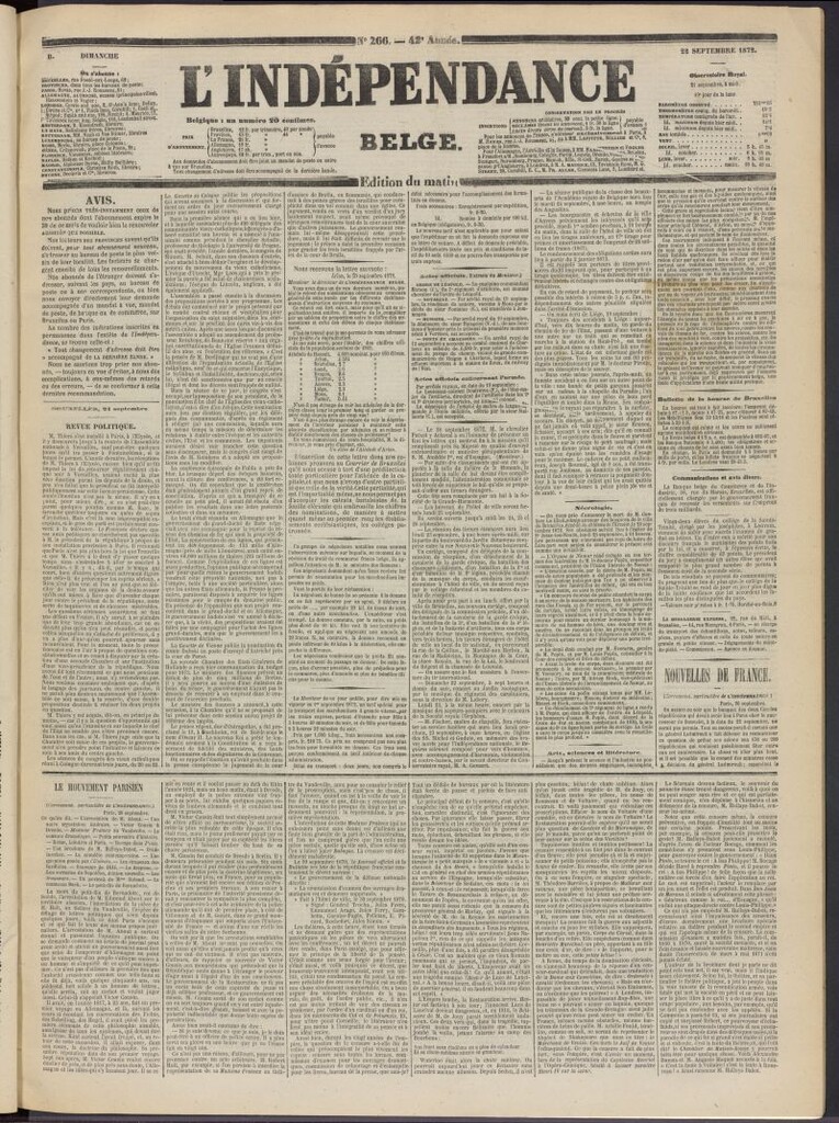 Miniatura de L´Indépendance Belge del 22 de septiembre de 1872, nº 266