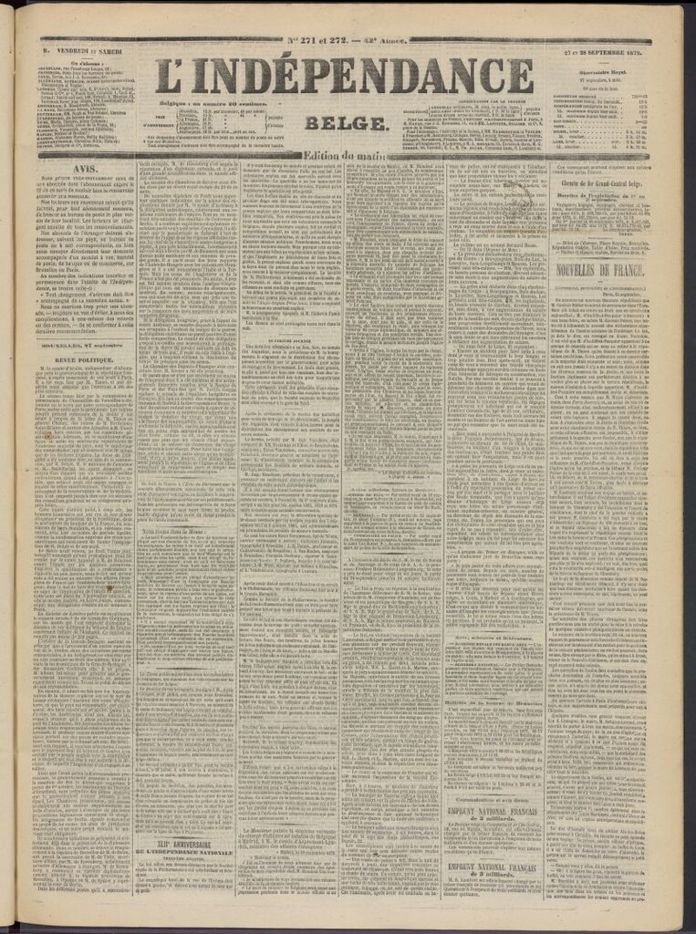 Miniatura de L´Indépendance Belge del 27 y 28 de septiembre de 1872, nº 271 y 272