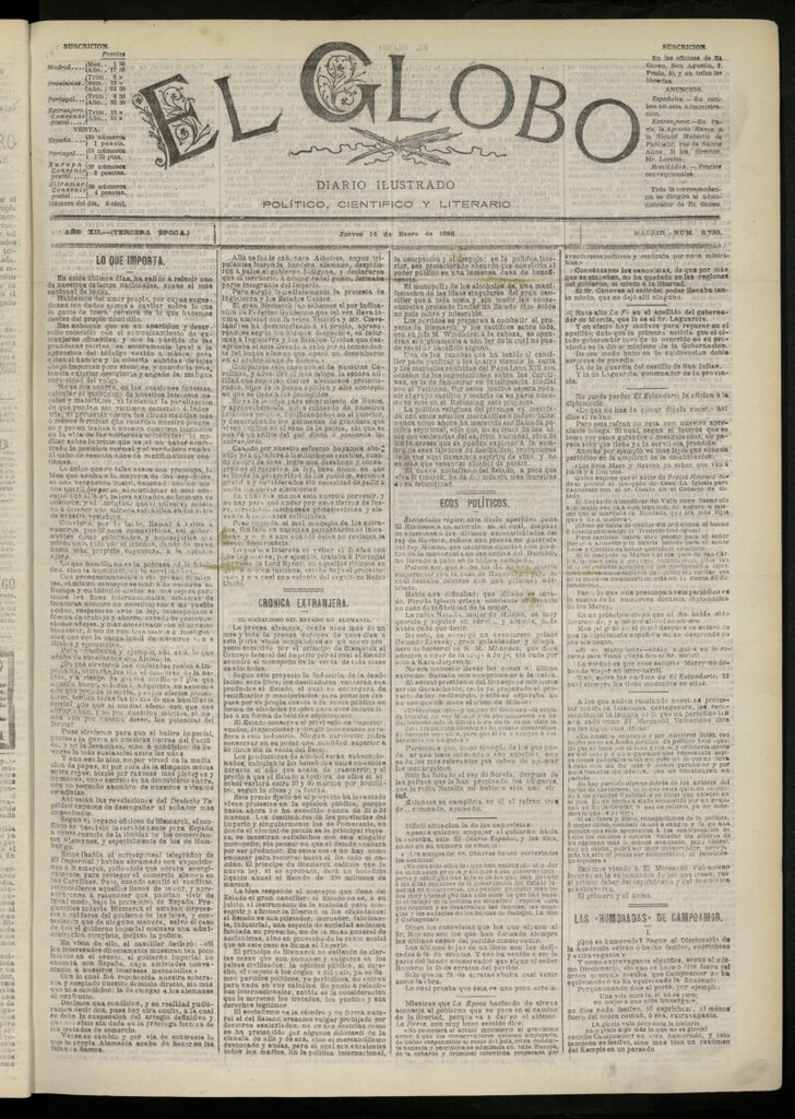 Miniatura de El Globo : diario ilustrado del 14 de enero de 1886, nº 3730