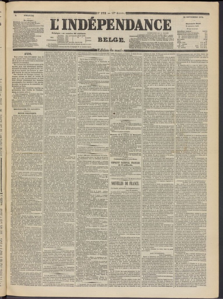 Miniatura de L´Indépendance Belge del 29 de septiembre de 1872, nº 273