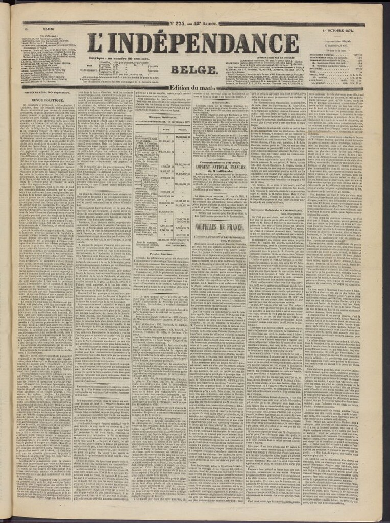 Miniatura de L´Indépendance Belge del 1 de octubre de 1872, nº 275