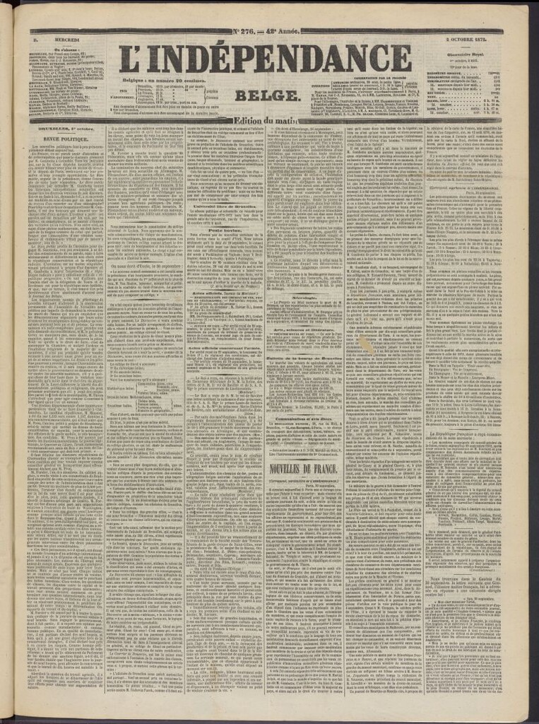 Miniatura de L´Indépendance Belge del 2 de octubre de 1872, nº 276