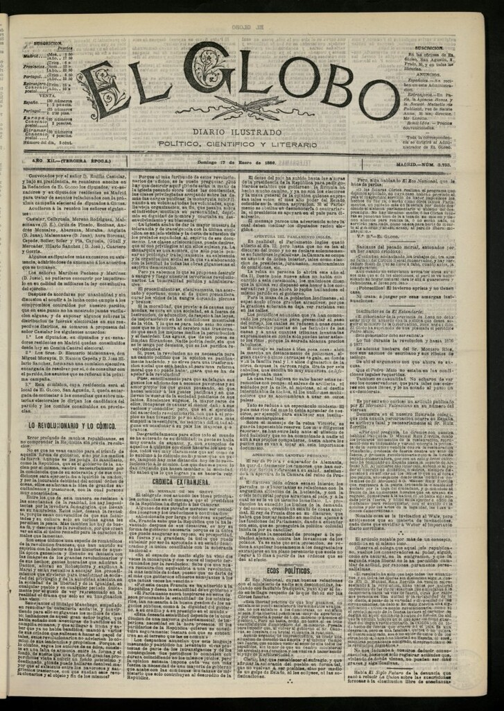Miniatura de El Globo : diario ilustrado del 17 de enero de 1886, nº 3733