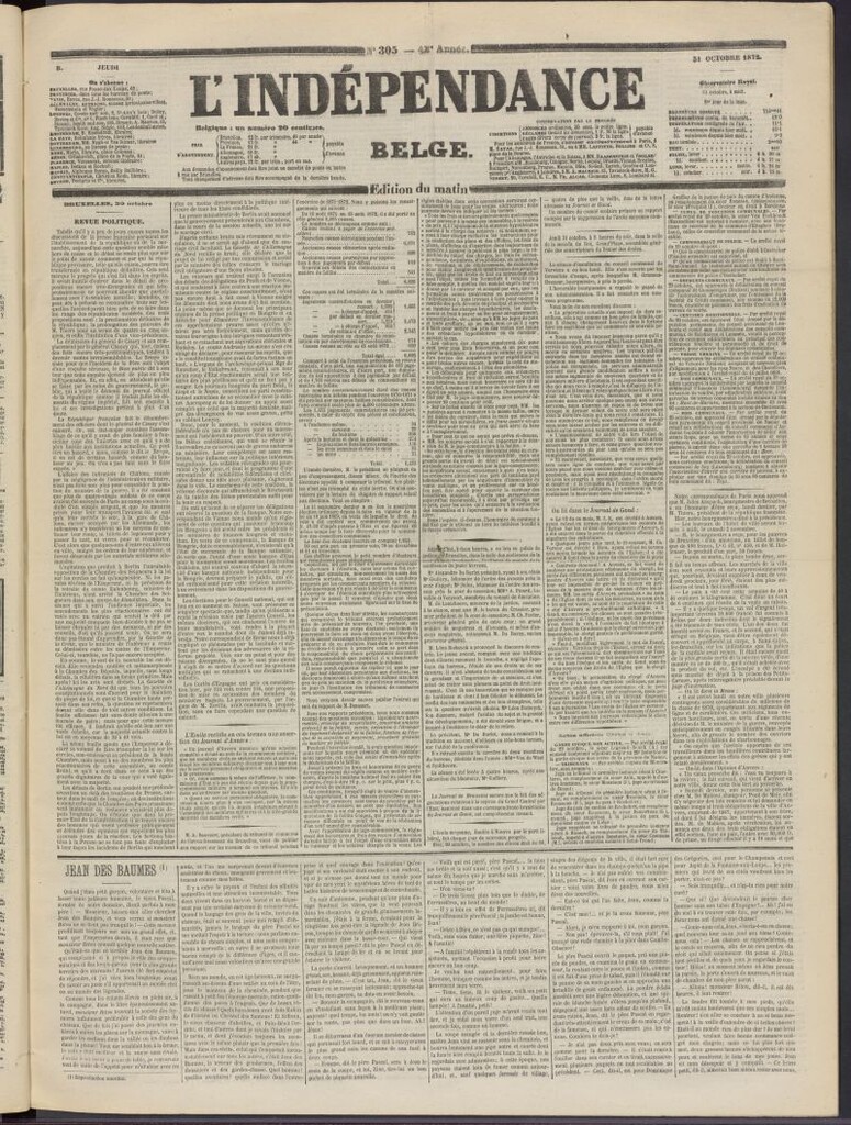 Miniatura de L´Indépendance Belge del 31 de octubre de 1872, nº 305