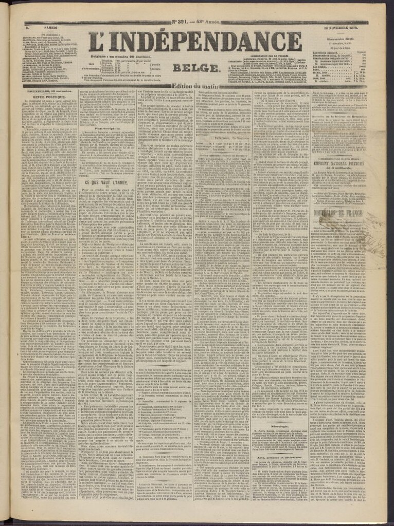 Miniatura de L´Indépendance Belge del 16 de noviembre de 1872, nº 321