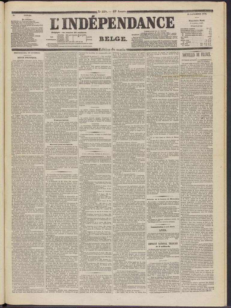 Miniatura de L´Indépendance Belge del 23 de noviembre de 1872, nº 328