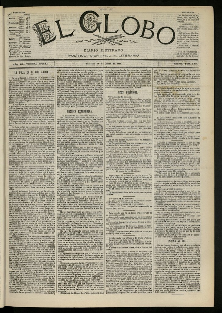 Miniatura de El Globo : diario ilustrado del 20 de enero de 1886, nº 3736