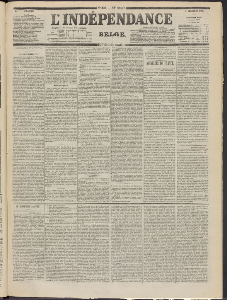 Miniatura de L´Indépendance Belge del 1 de diciembre de 1872, nº 336