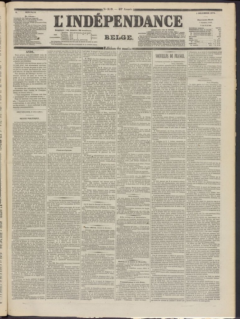 Miniatura de L´Indépendance Belge del 4 de diciembre de 1872, nº 339