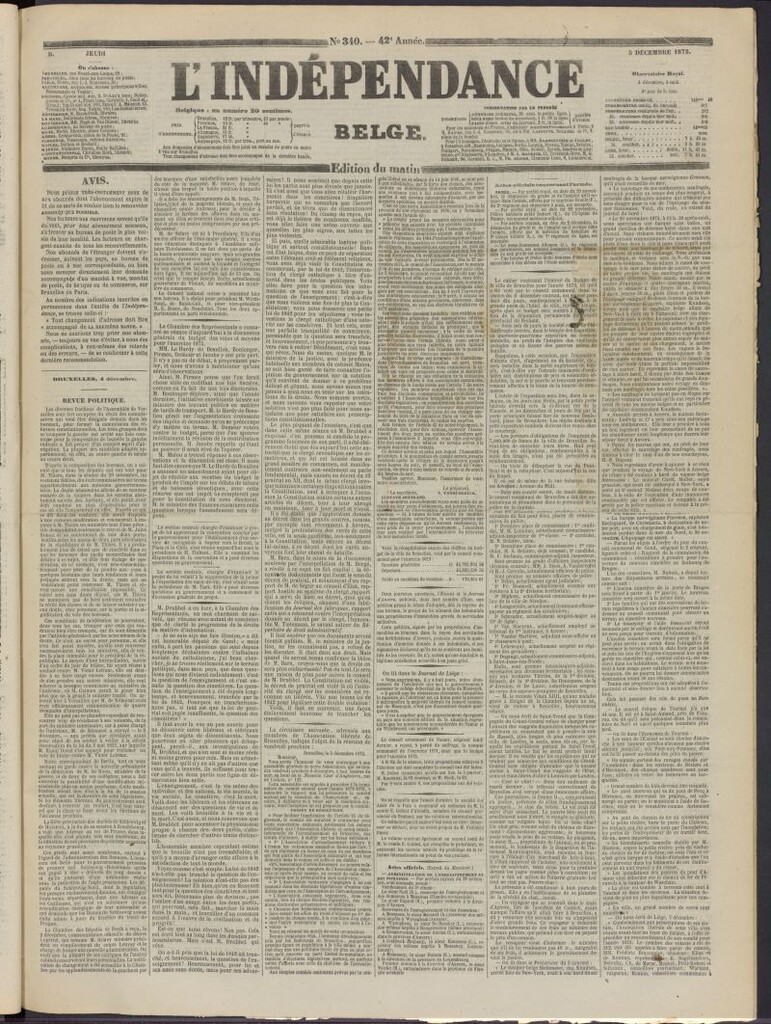 Miniatura de L´Indépendance Belge del 5 de diciembre de 1872, nº 340
