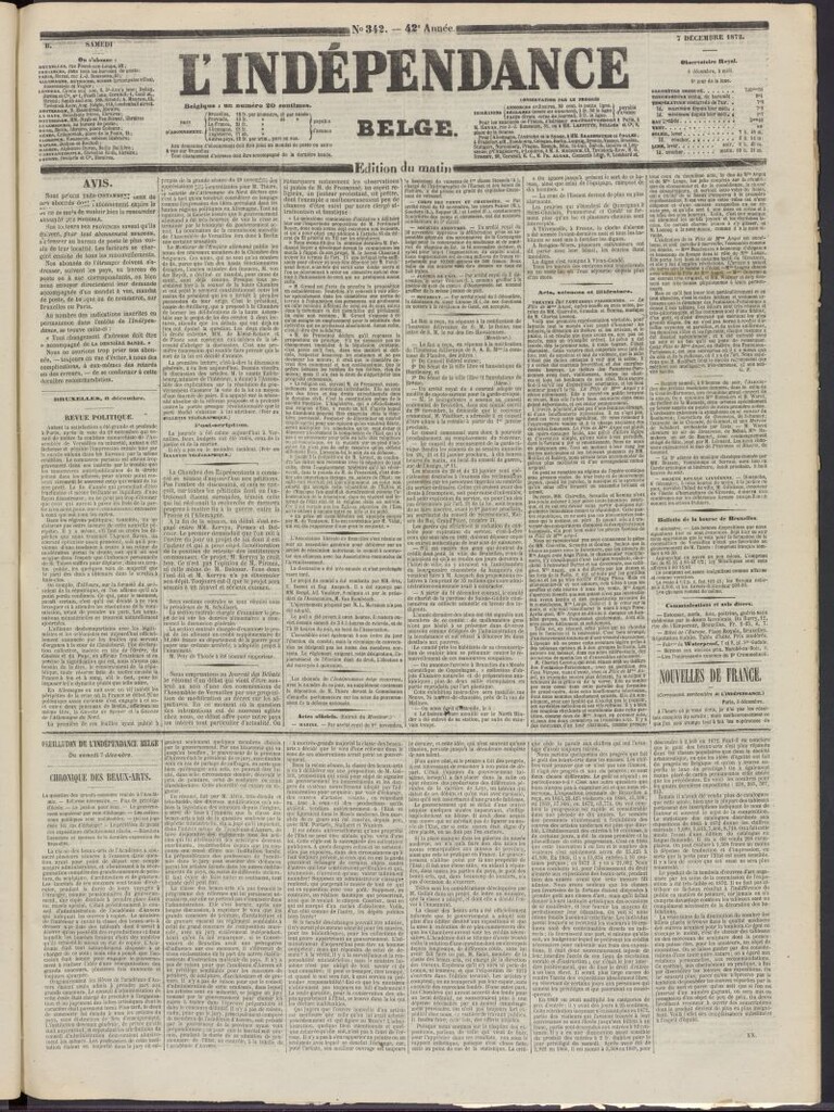 Miniatura de L´Indépendance Belge del 7 de diciembre de 1872, nº 342