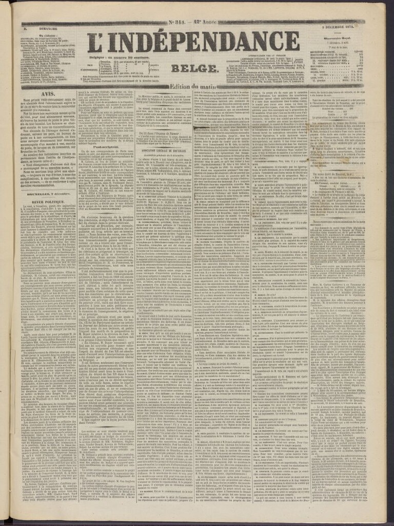 Miniatura de L´Indépendance Belge del 8 de diciembre de 1872, nº 343
