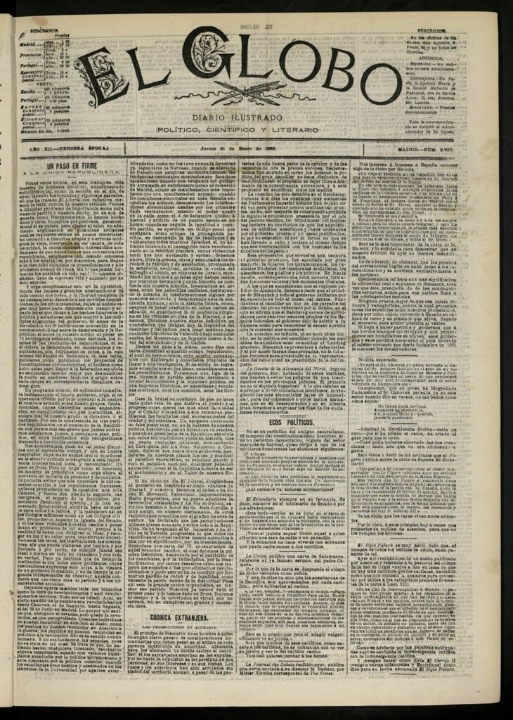 Miniatura de El Globo : diario ilustrado del 21 de enero de 1886, nº 3737