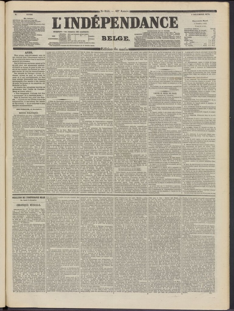 Miniatura de L´Indépendance Belge del 9 de diciembre de 1872, nº 344