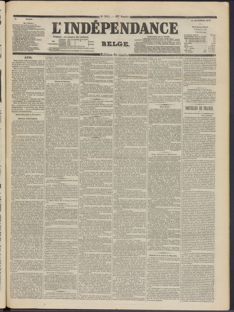 Miniatura de L´Indépendance Belge del 10 de diciembre de 1872, nº 345