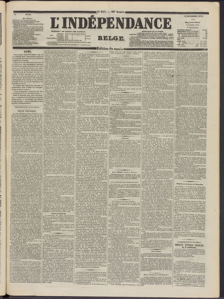 Miniatura de L´Indépendance Belge del 12 de diciembre de 1872, nº 347