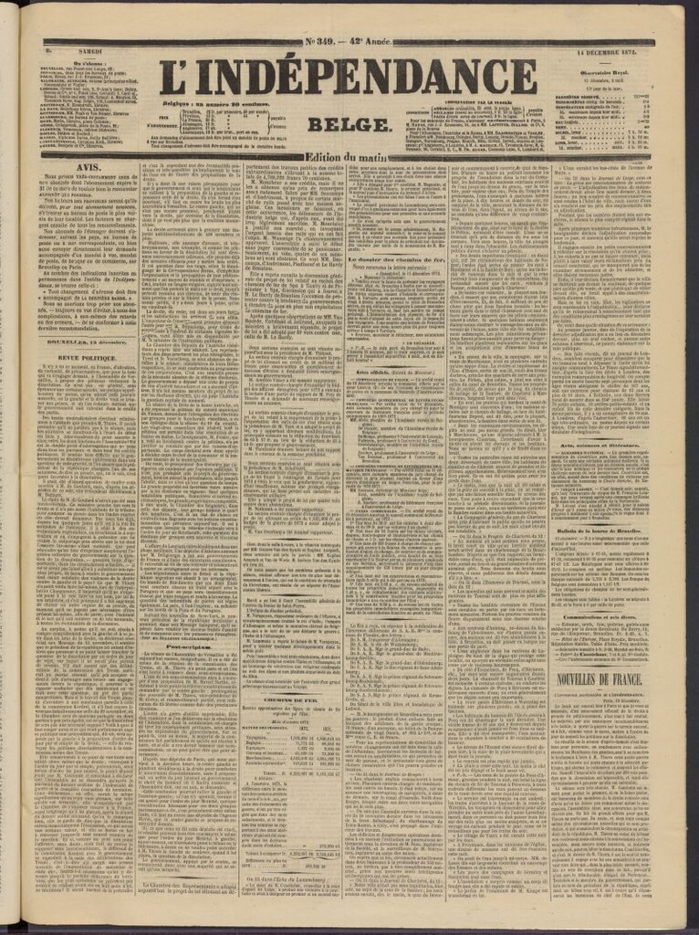 Miniatura de L´Indépendance Belge del 14 de diciembre de 1872, nº 349