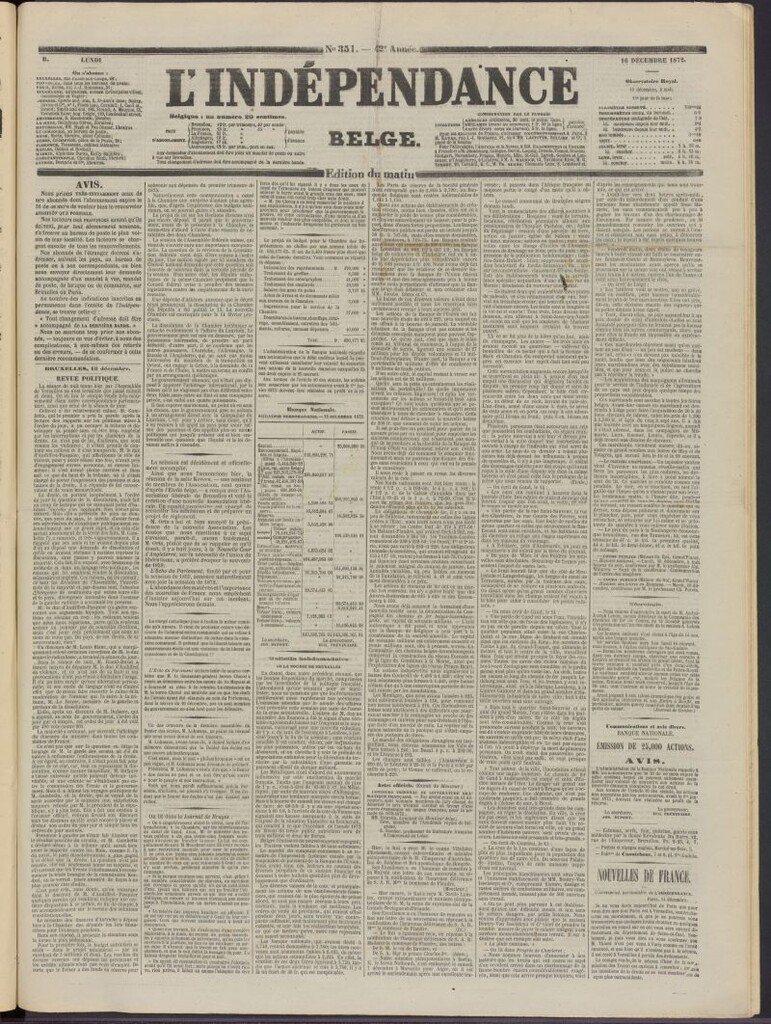 Miniatura de L´Indépendance Belge del 16 de diciembre de 1872, nº 351