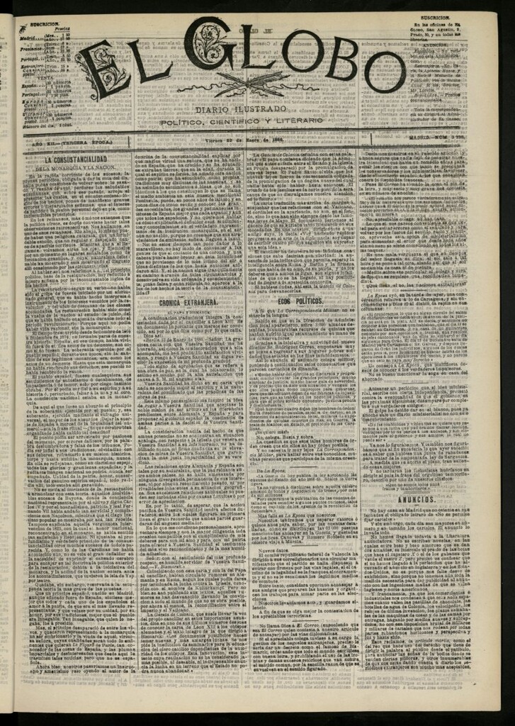 Miniatura de El Globo : diario ilustrado del 22 de enero de 1886, nº 3738