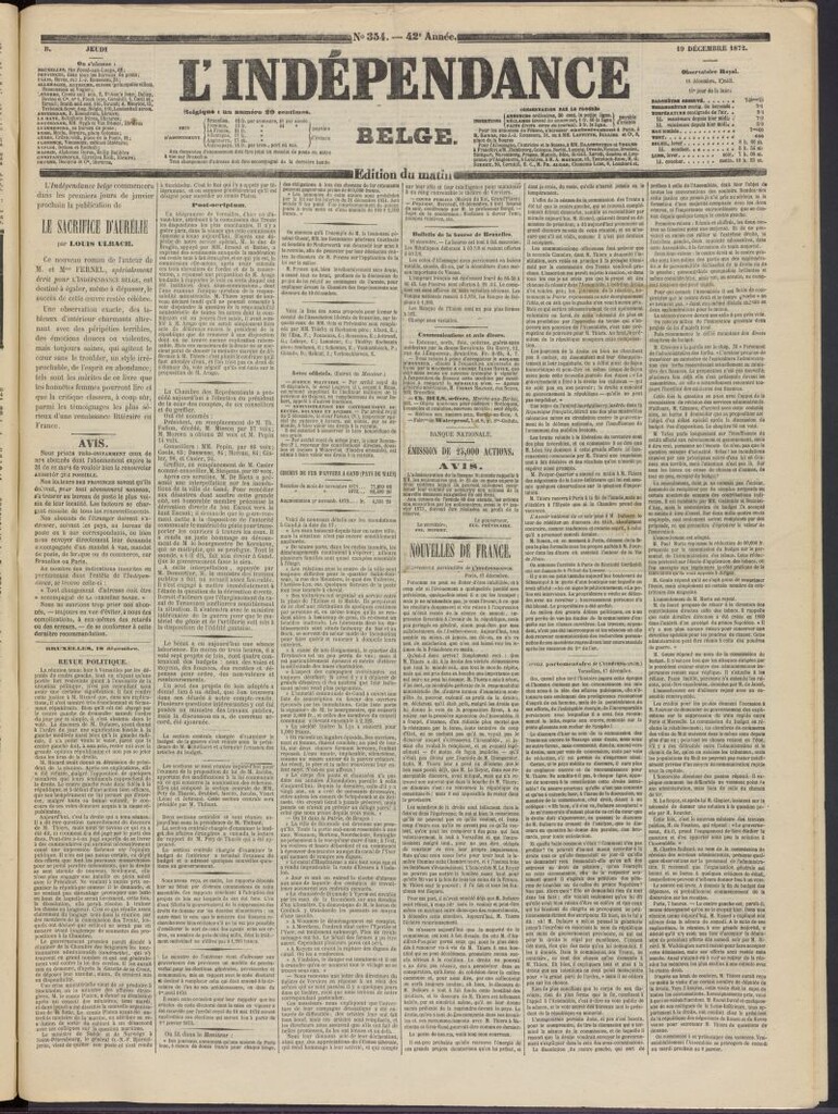 Miniatura de L´Indépendance Belge del 19 de diciembre de 1872, nº 354
