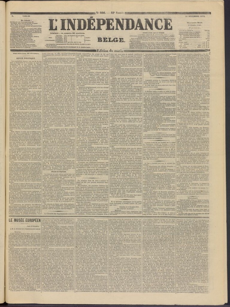 Miniatura de L´Indépendance Belge del 21 de diciembre de 1872, nº 356
