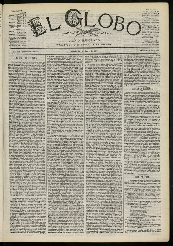 Miniatura de El Globo : diario ilustrado del 30 de enero de 1886, nº 3746