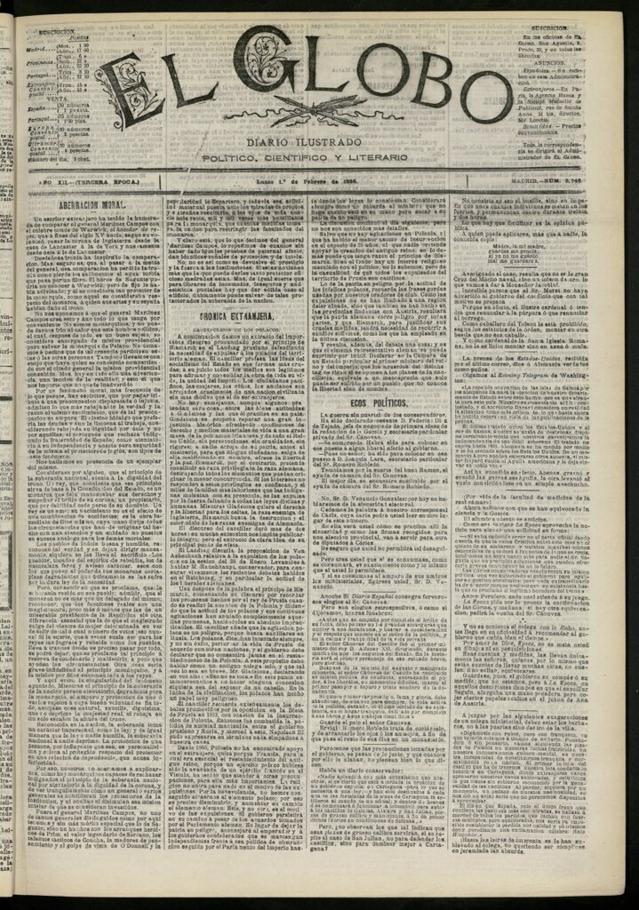 Miniatura de El Globo : diario ilustrado del 1 de febrero de 1886, nº 3748