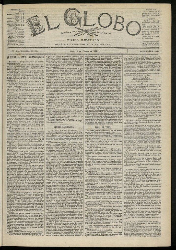 Miniatura de El Globo : diario ilustrado del 2 de febrero de 1886, nº 3749