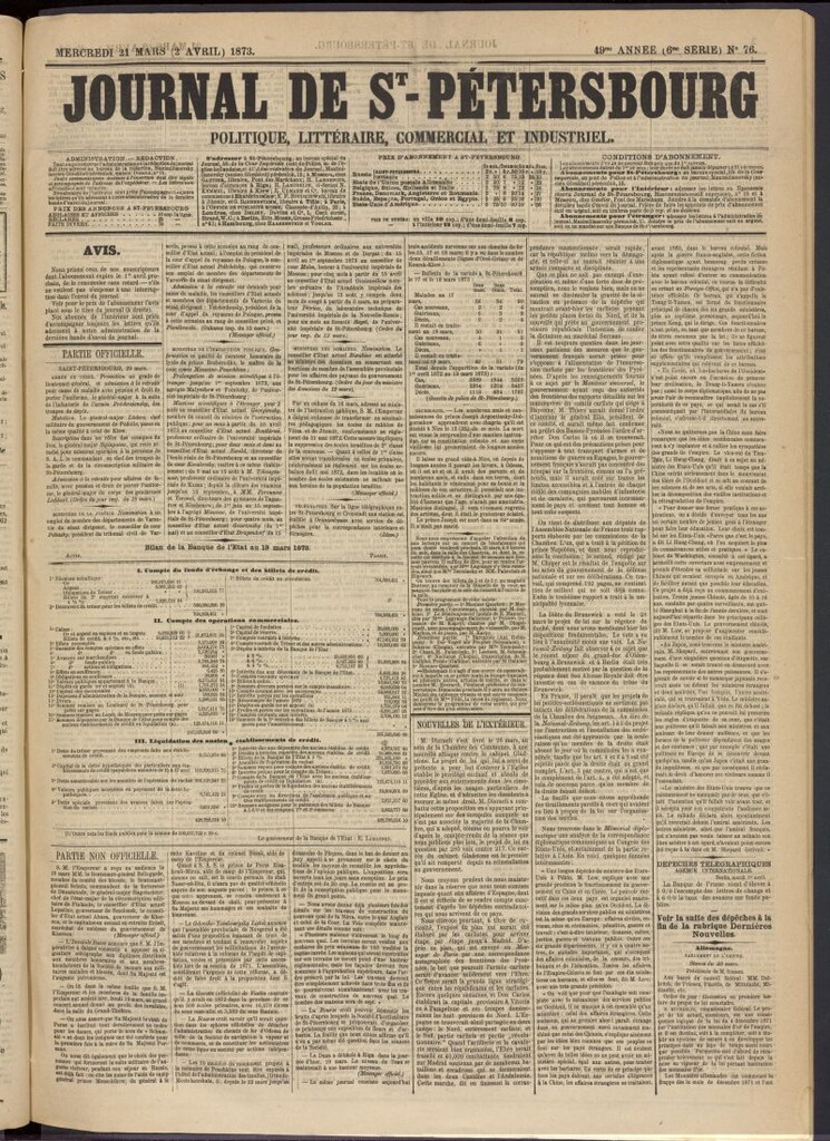 Miniatura de Journal de St-Pétersbourg del 21 de marzo de 1873, nº 76