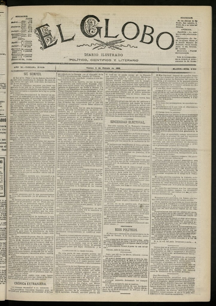 Miniatura de El Globo : diario ilustrado del 5 de febrero de 1886, nº 3752