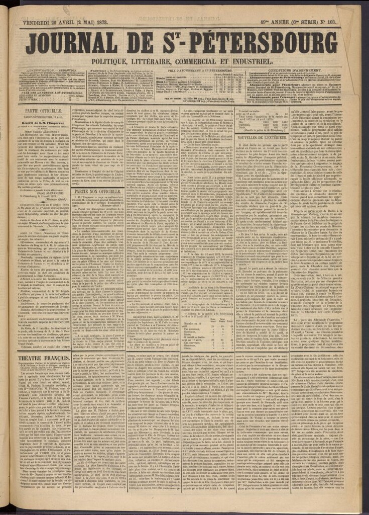 Miniatura de Journal de St-Pétersbourg del 20 de abril de 1873, nº 103