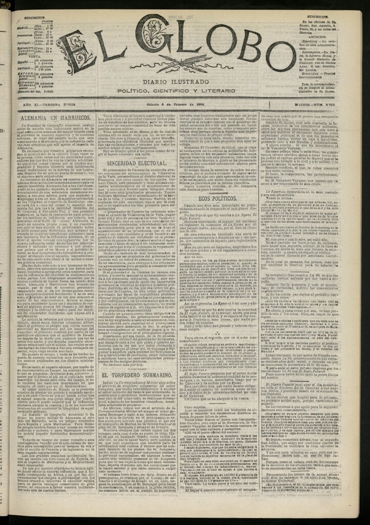 Miniatura de El Globo : diario ilustrado del 6 de febrero de 1886, nº 3753