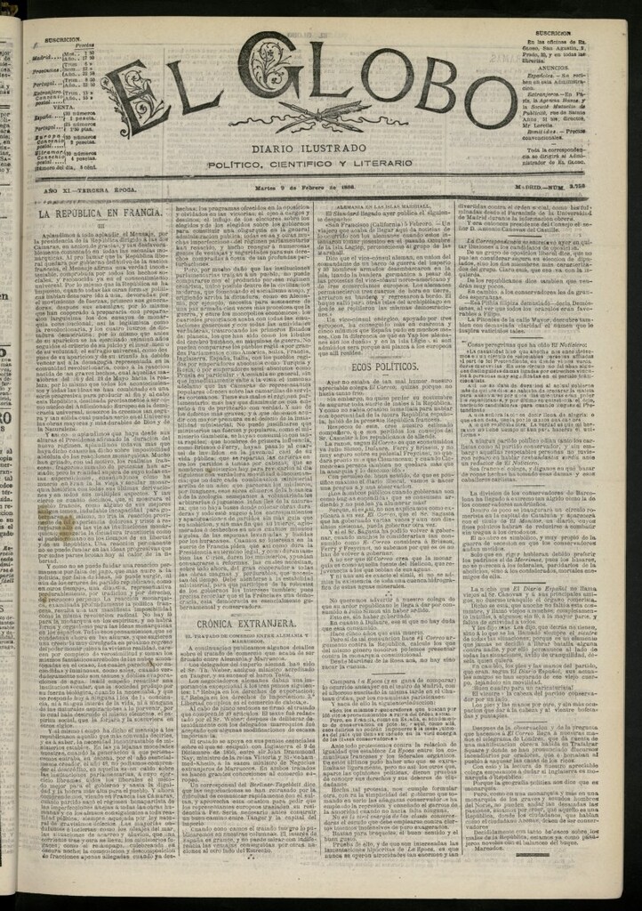 Miniatura de El Globo : diario ilustrado del 9 de febrero de 1886, nº 3756