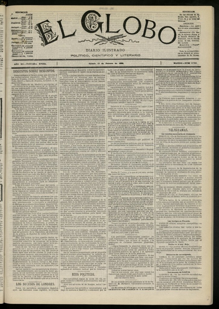 Miniatura de El Globo : diario ilustrado del 13 de febrero de 1886, nº 3760