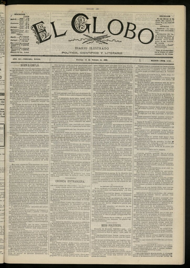 Miniatura de El Globo : diario ilustrado del 14 de febrero de 1886, nº 3761