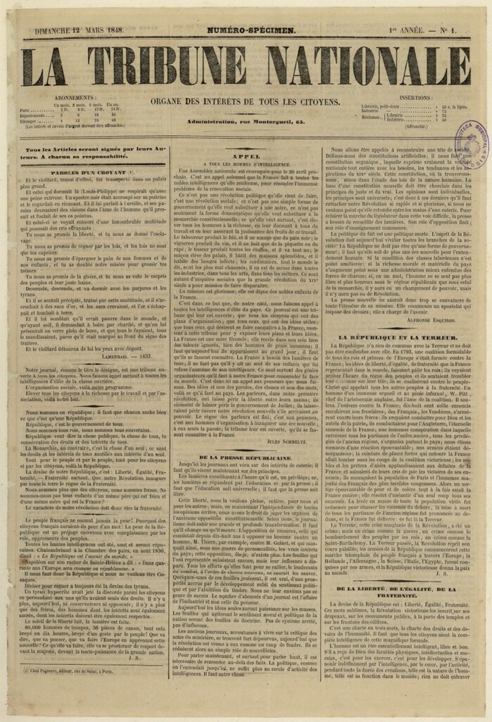 Miniatura de La Tribune Nationale del 12 de marzo de 1848, nº 1 (sic)