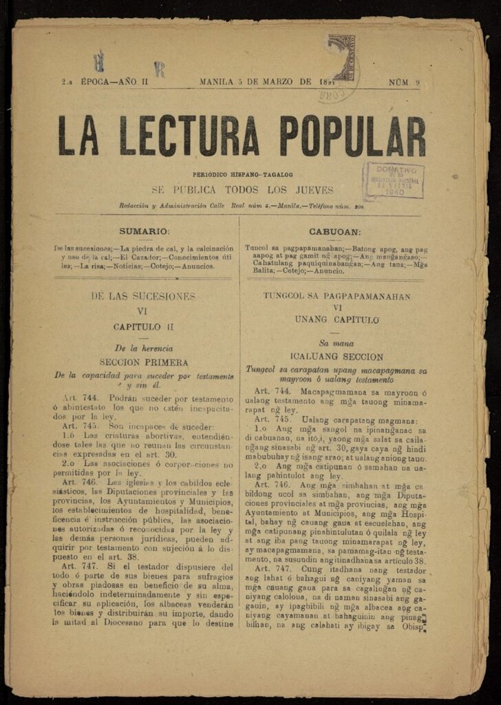 Miniatura de La Lectura Popular del 5 de marzo 1891, nº 9