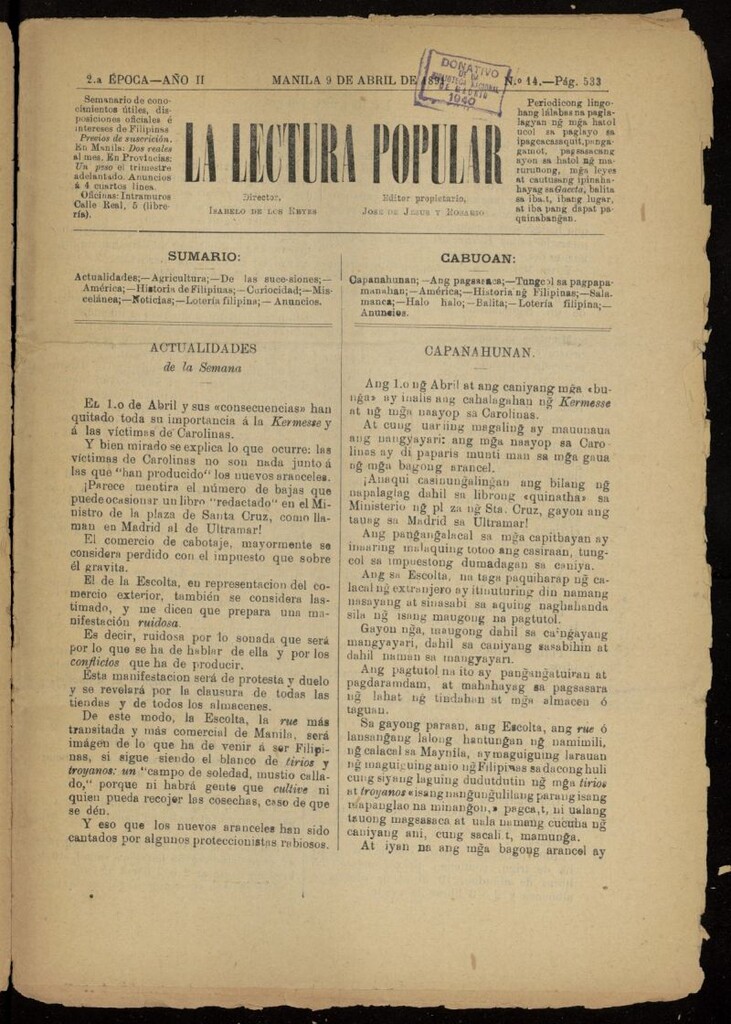 Miniatura de La Lectura Popular del 9 de abril de 1891, nº 14