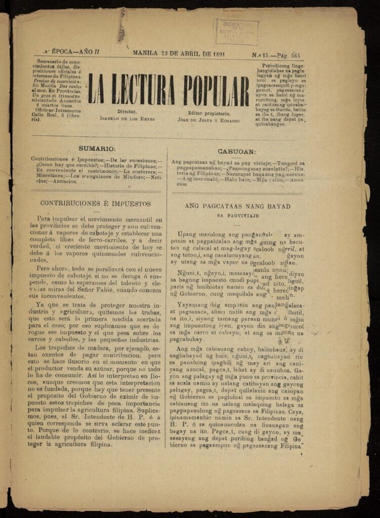 Miniatura de La Lectura Popular del 23 de abril de 1891, nº 15