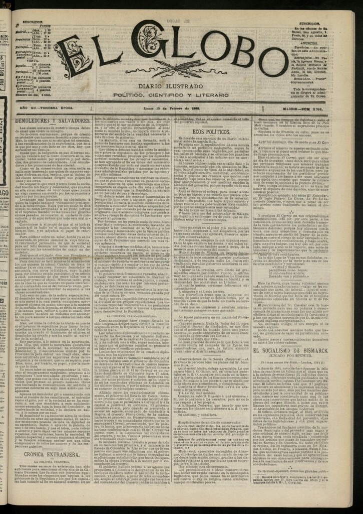 Miniatura de El Globo : diario ilustrado del 15 de febrero de 1886, nº 3762