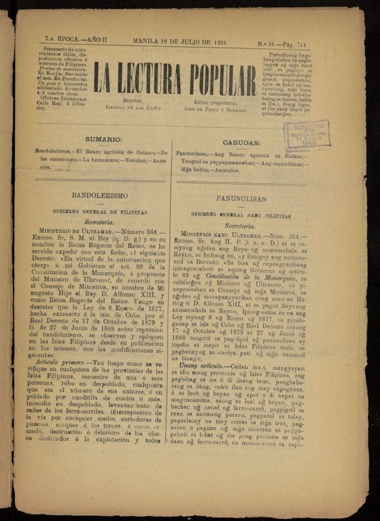 Miniatura de La Lectura Popular del 10 de julio de 1891, nº 26