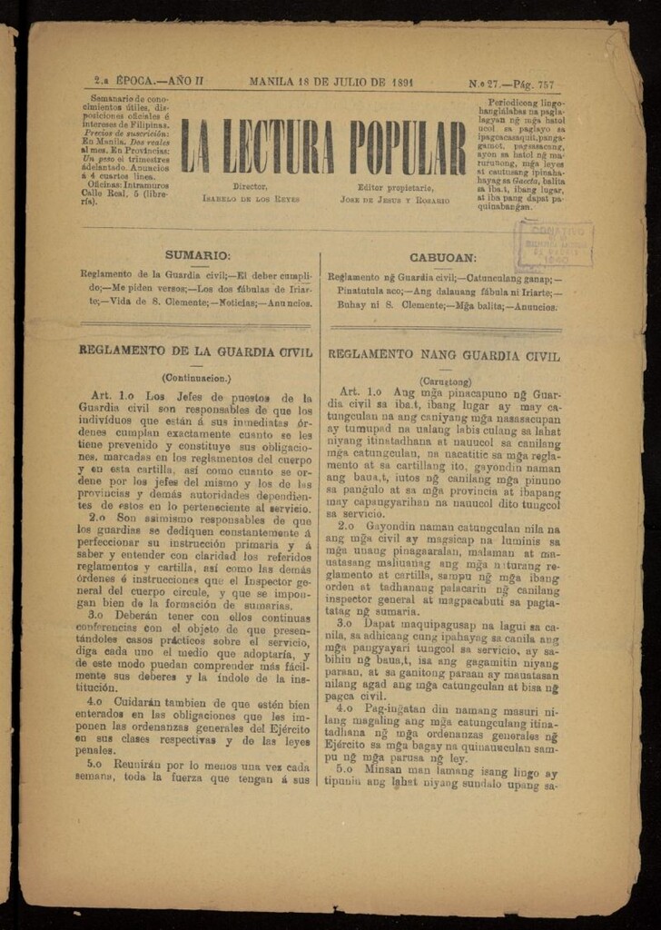 Miniatura de La Lectura Popular del 18 de julio de 1891, nº 27