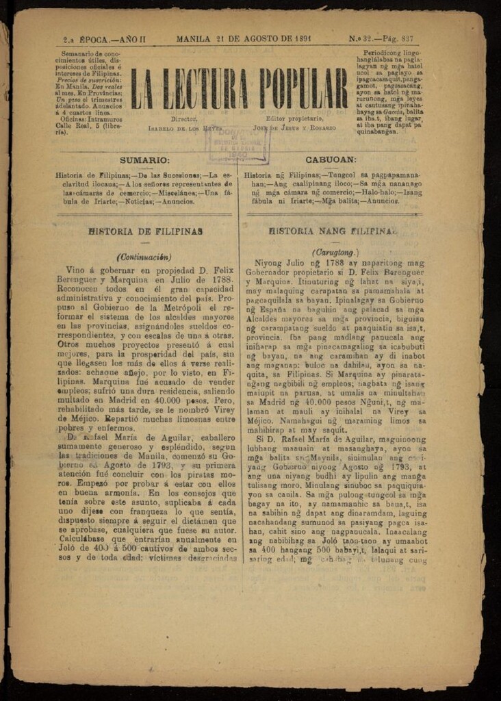 Miniatura de La Lectura Popular del 21 de agosto de 1891, nº 32