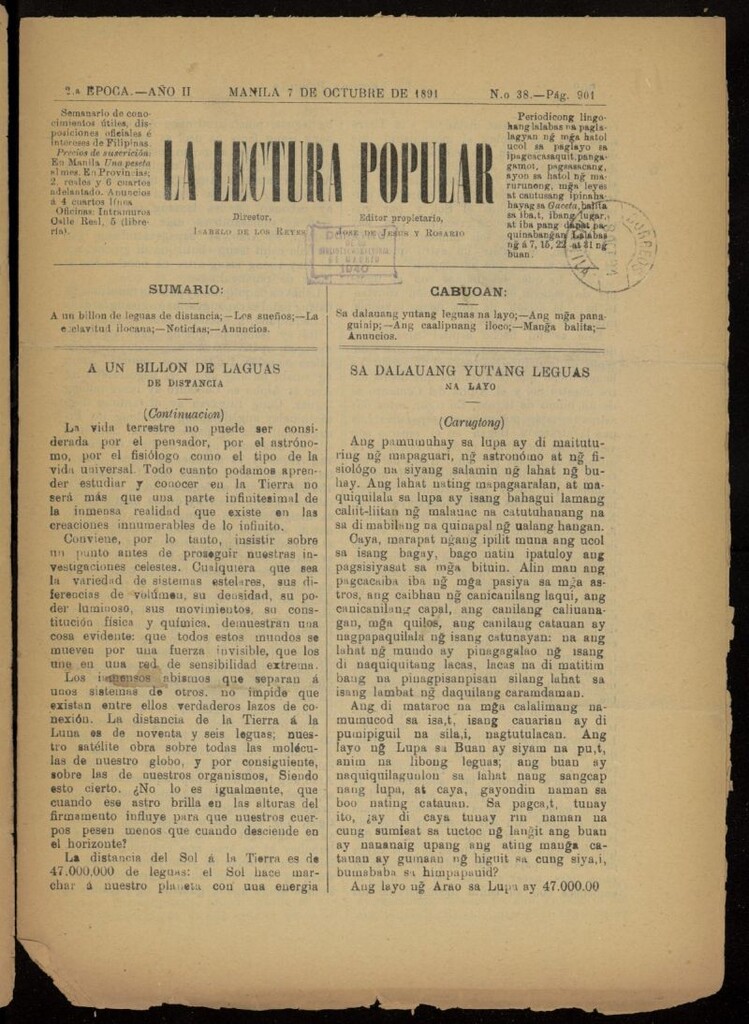 Miniatura de La Lectura Popular del 7 de octubre de 1891, nº 38