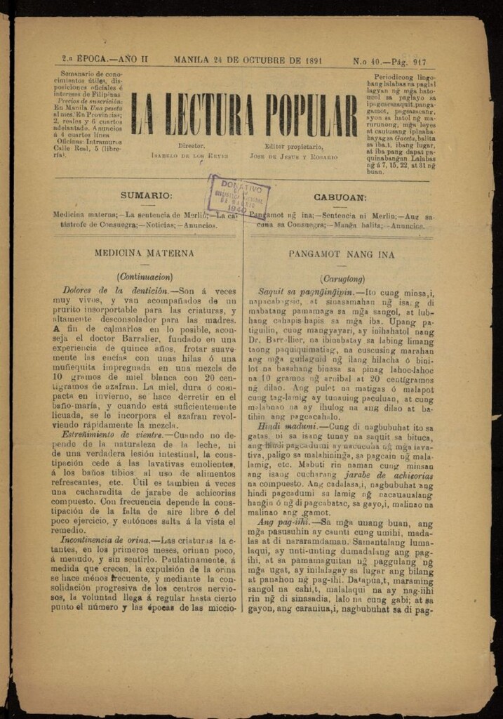 Miniatura de La Lectura Popular del 24 de octubre de 1891, nº 40