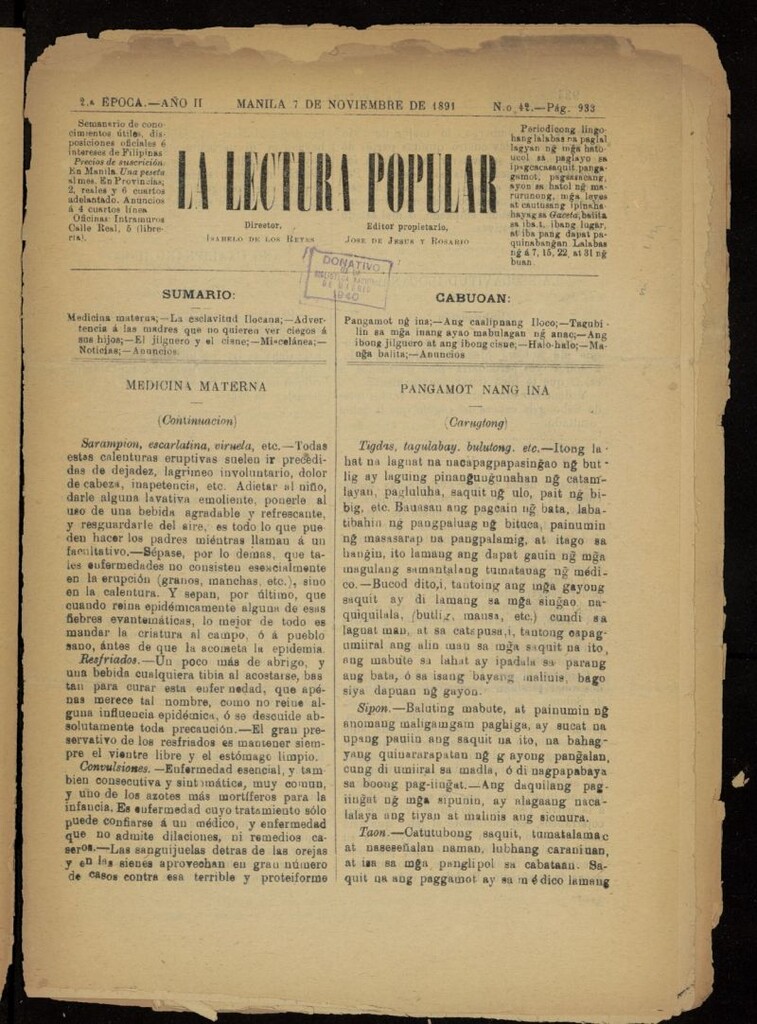 Miniatura de La Lectura Popular del 7 de noviembre de 1891, nº 42