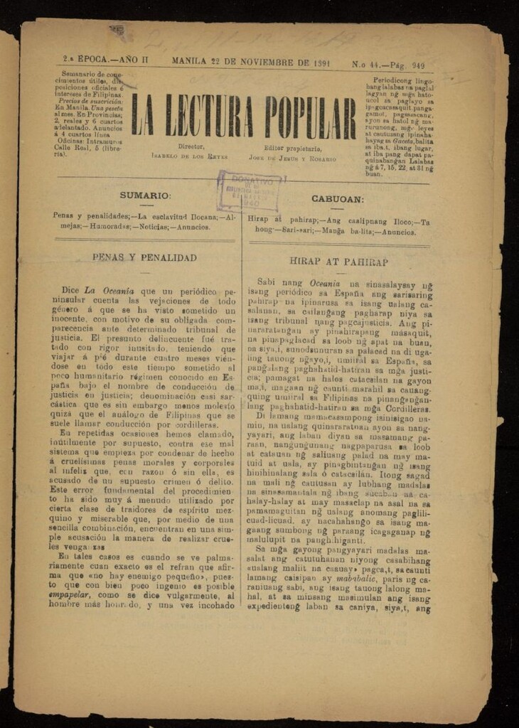 Miniatura de La Lectura Popular del 22 de noviembre de 1891, nº 44