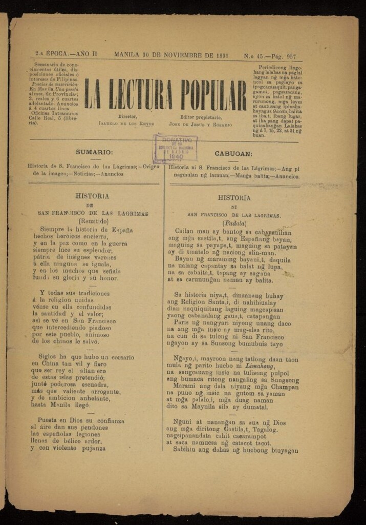Miniatura de La Lectura Popular del 30 de noviembre de 1891, nº 45